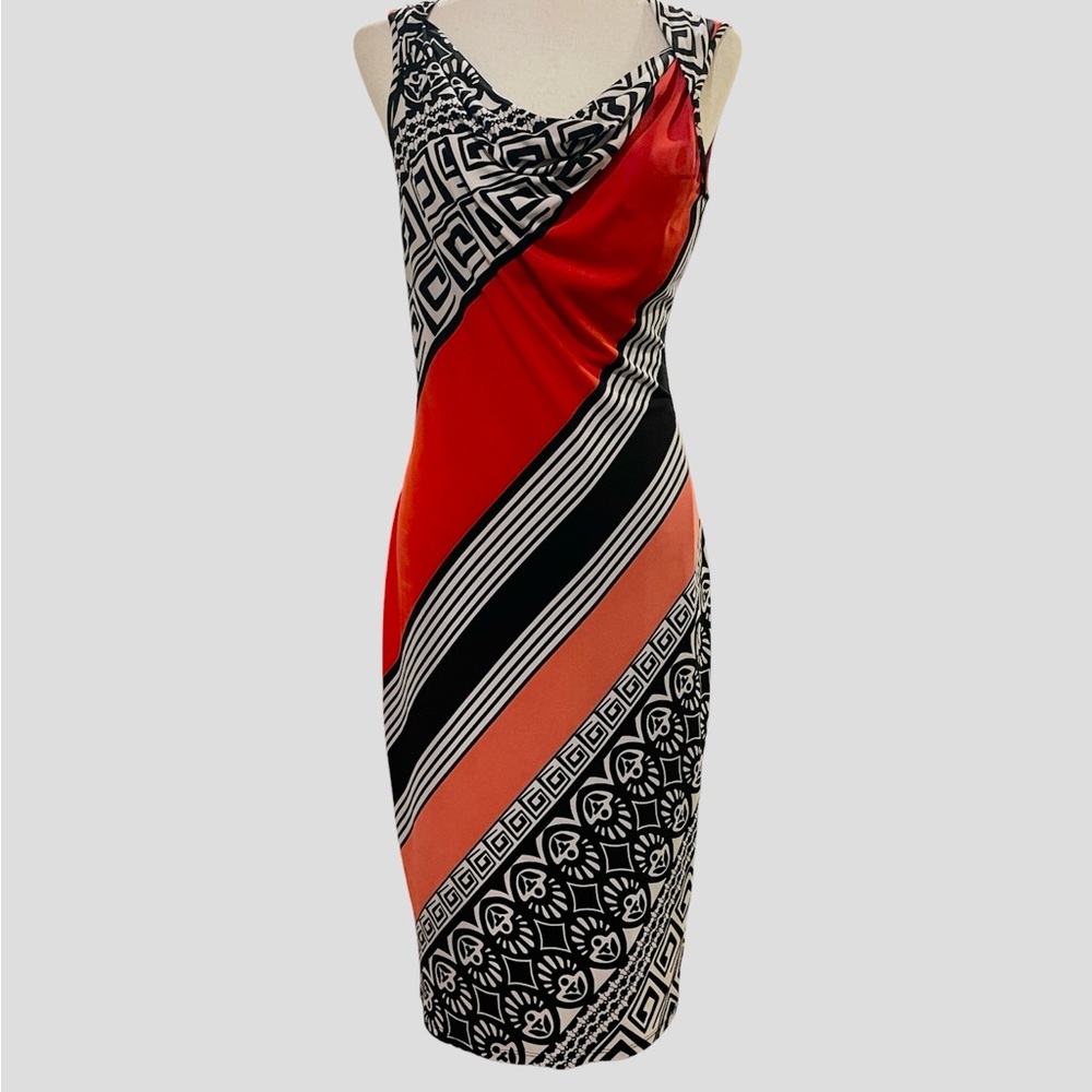 Evan Picone Red and Black Geometric Midi Dress